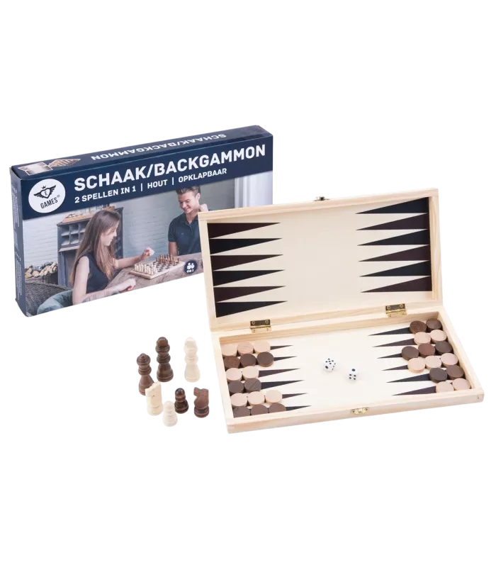 Coffret en bois pliable: Échiquier / Dames / Backgammon